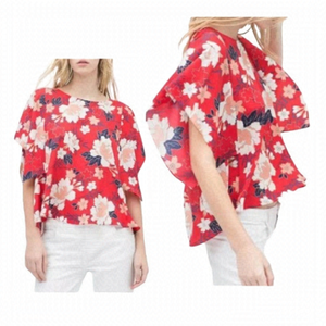 4/$45 ZARA Basic Red Floral Short Sleeve Kimono Style Top Small